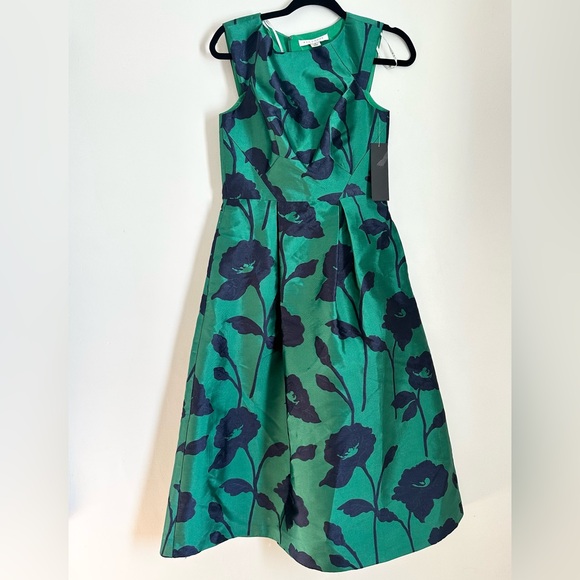 Kay Unger Jenni Floral Jacquard A-Line Dress - Emerald/Navy size 4 NWT